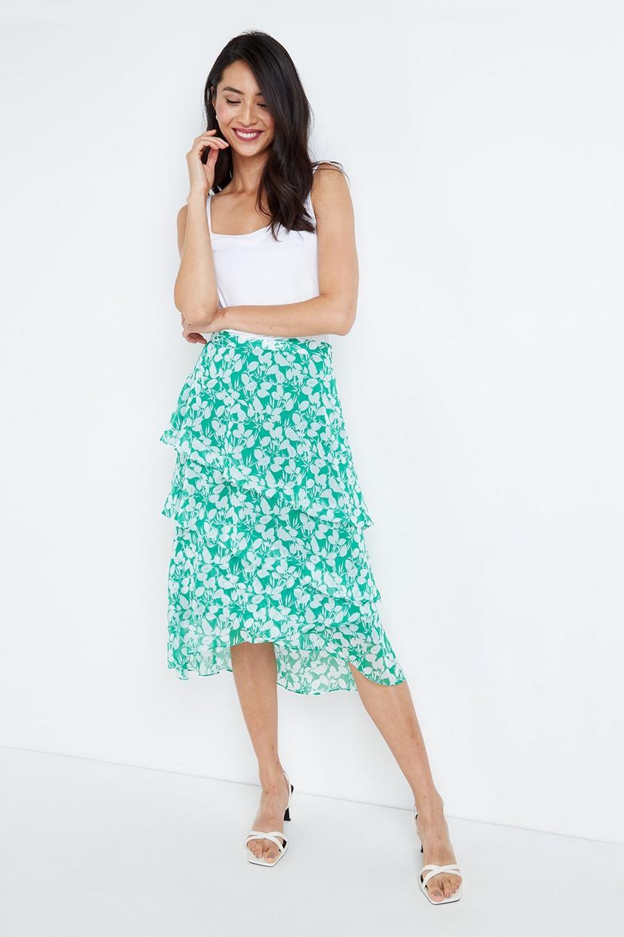 Petite Green Ditsy Floral Tiered Skirt